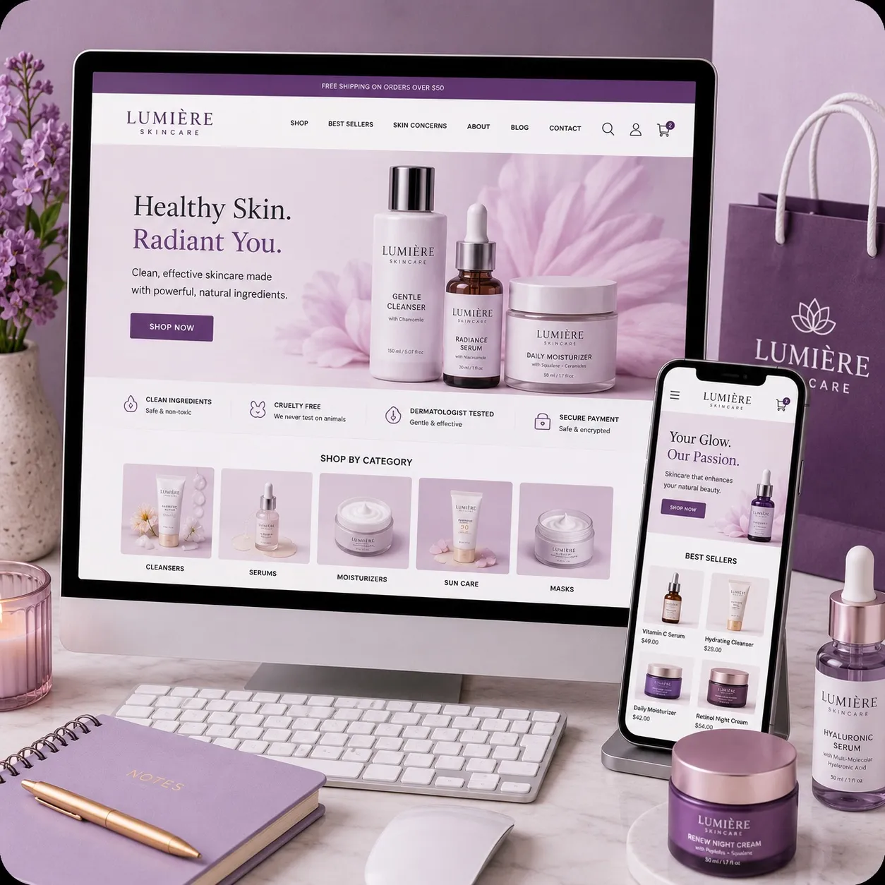 Sleek online skincare store displayed on a computer and phone, showcasing products and categories with a clean, modern e-commerce design